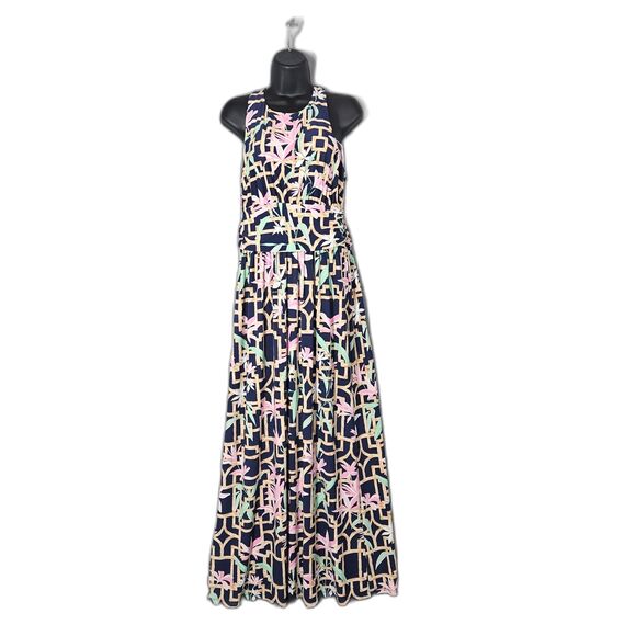 Tori Richards Maxi Dress Hawaiian Floral Sz Large USA Navy Floral Stretch Knit - Picture 8 of 8